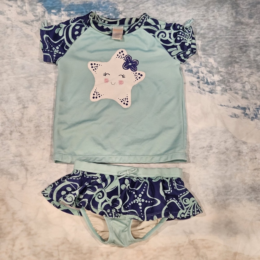 Gymboree Girls 5T 2 Piece Swimsuit Star‎ Rash Guard Set Blue Ruffle Bottoms